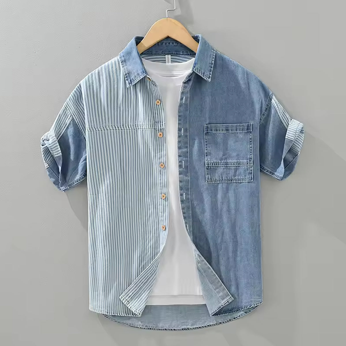 Men’s Distressed Blue Denim Shirt Casual Wear