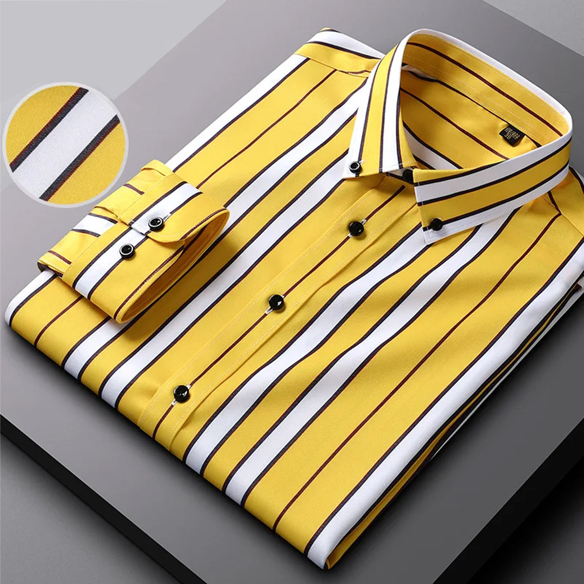 Men's Yellow Striped Button Up Collared Regular Fit Shirt