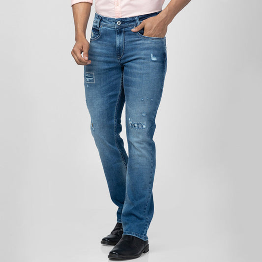 Tapered Fit Stretch Jeans for Men Medium Wash Mid Rise