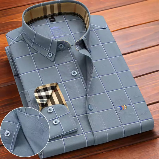 Men's Workwear Cotton Check Grey Shirt Long Sleeve