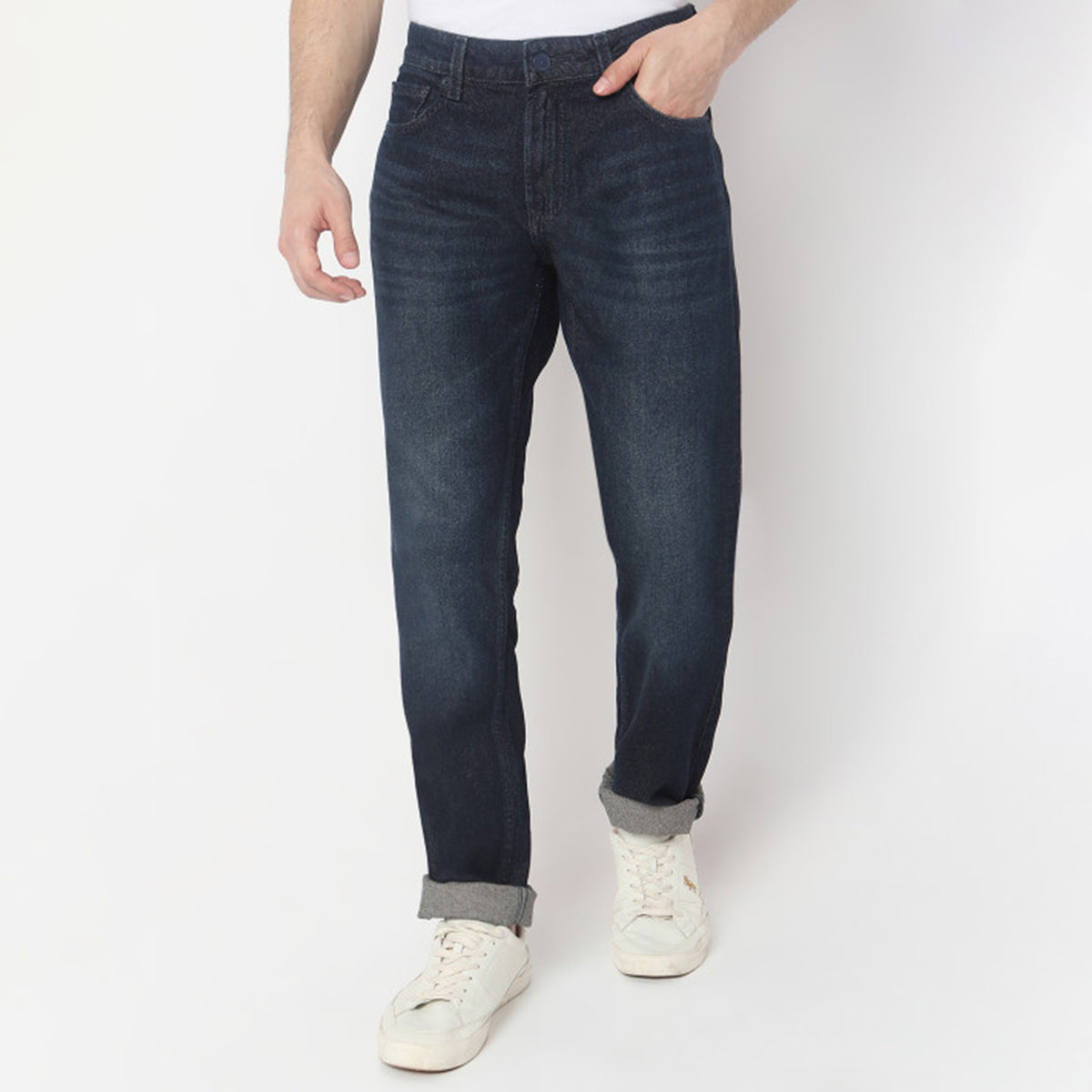 Rugged Washed Jeans for Men Straight Cut Dark Tone