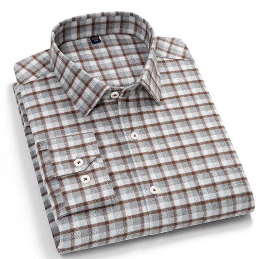 Men's Casual Check Shirt Regular Fit Cotton Flannel Brown white