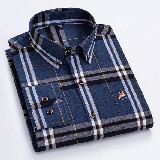 Men's Slim Fit Check Shirt Pure Cotton Solid Oxford Navy Blue