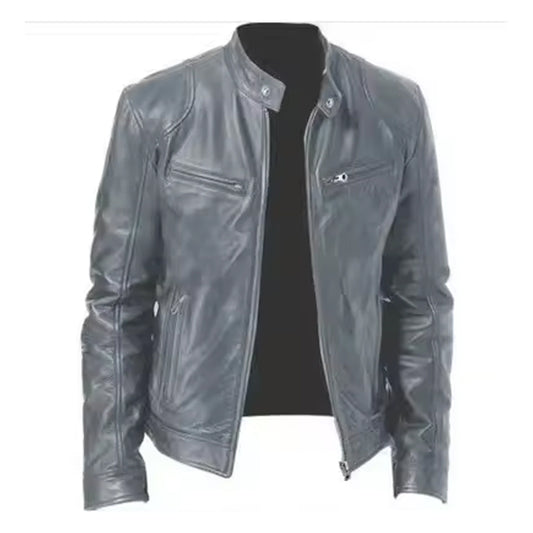 Men’s Grey Leather Jacket – Retro Moto Design