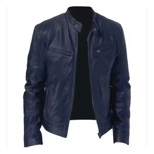 Men’s Dark Blue Leather Jacket – Classic Rider Style