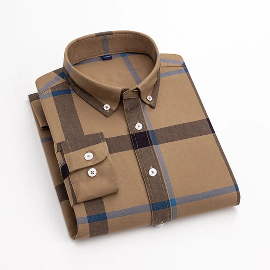 Long sleeve pleated button Cotton check shirt for men